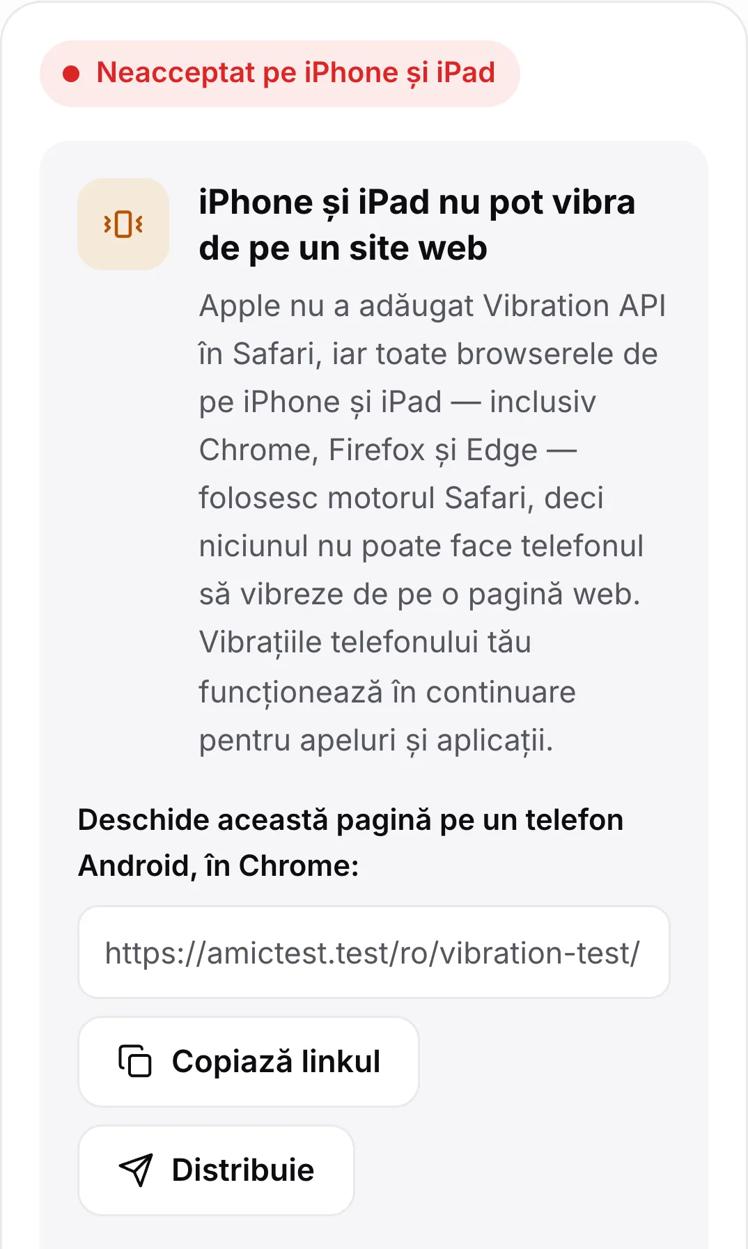 Testul vibrațiilor pe un iPhone: starea roșie „Neacceptat pe iPhone și iPad”, o explicație și un link pentru deschiderea paginii pe un telefon Android