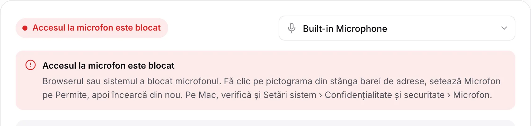 Acordorul afișând mesajul roșu „Accesul la microfon este blocat” cu instrucțiuni