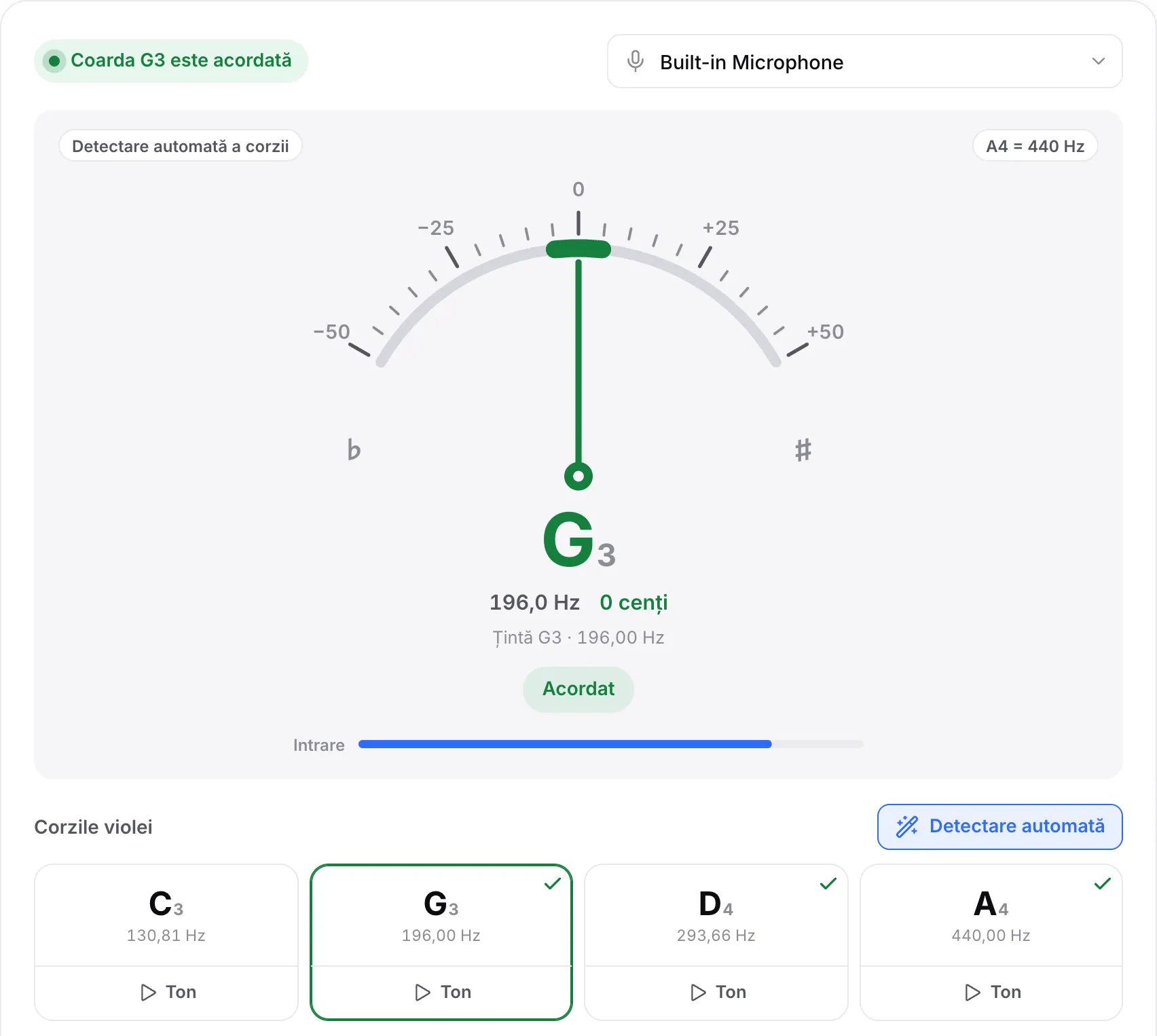 Coarda G acordată: un ac verde la 0 cenți, starea „Coarda G3 este acordată” și bife la corzile G, D și A
