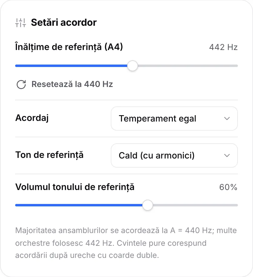 Setările acordorului cu glisorul înălțimii de referință (A4) setat la 442 Hz, meniul Acordaj și opțiunile tonului de referință