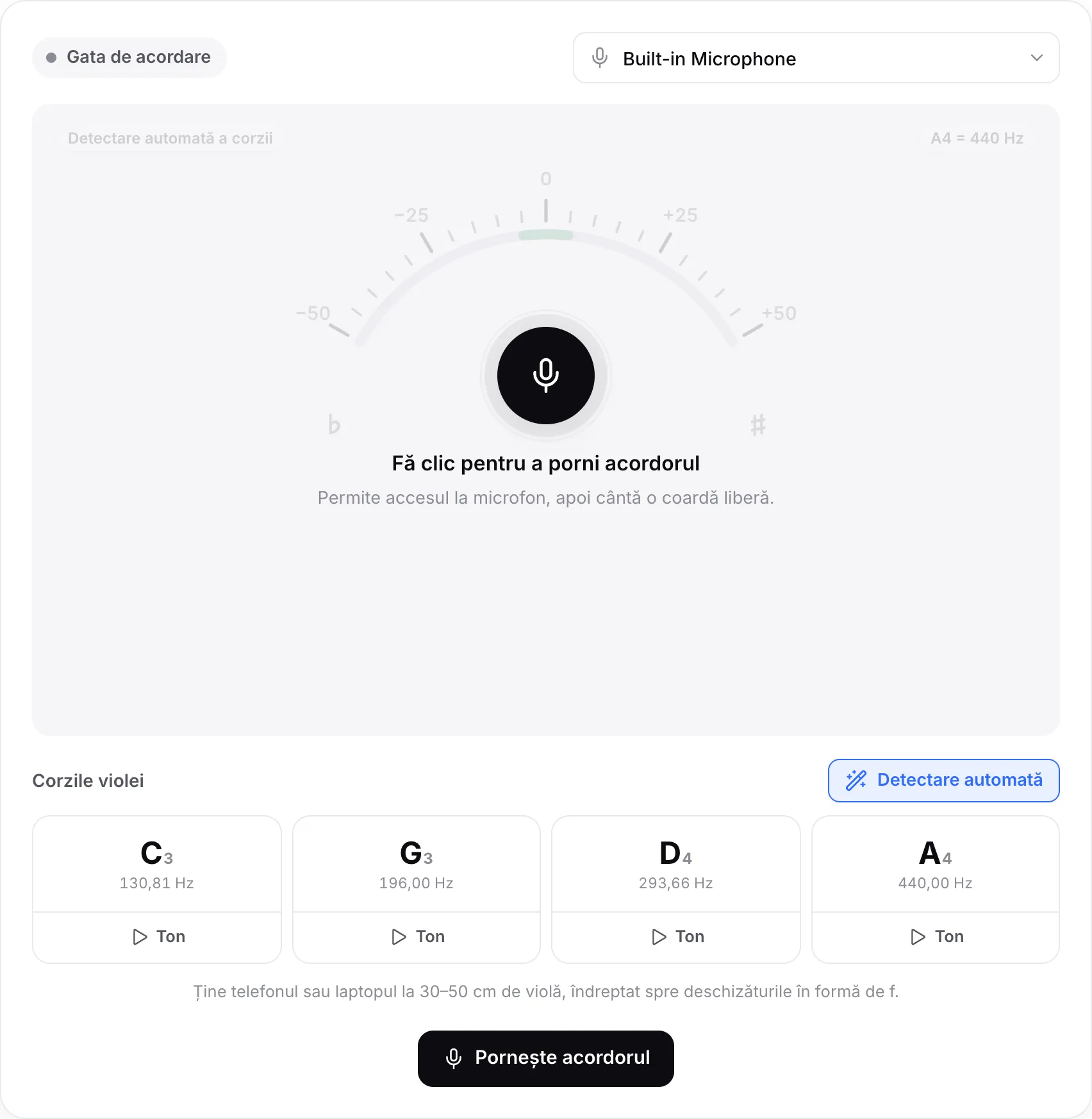 Acordorul pentru violă înainte de pornire, cu butonul Pornește acordorul, meniul microfonului și cele patru corzi C3, G3, D4 și A4