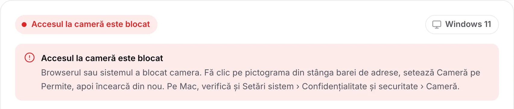 Detectorul de drivere pentru camera web afișând mesajul roșu „Accesul la cameră este blocat” cu instrucțiuni