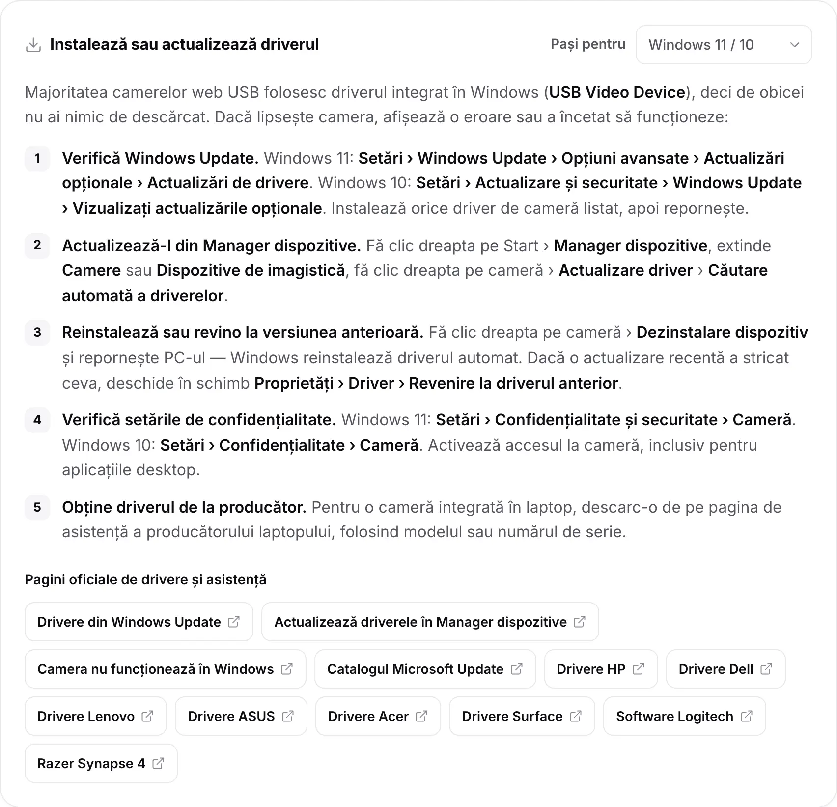 Cardul Instalează sau actualizează driverul cu pașii pentru Windows 11 / 10 și linkuri către paginile oficiale de drivere și asistență