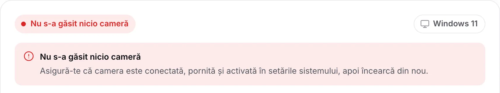Detectorul de drivere pentru camera web afișând „Nu s-a găsit nicio cameră”, cu sfatul de a verifica dacă camera este conectată, pornită și activată