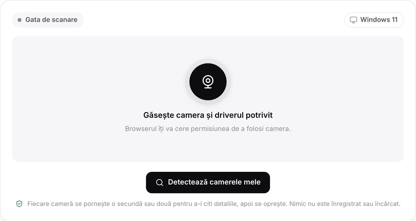 Detectorul de drivere pentru camera web înainte de scanare, cu butonul Detectează camerele mele și sistemul detectat, Windows 11