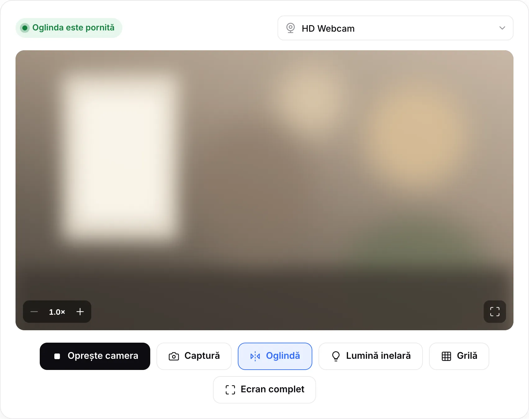 Oglinda camerei web în funcțiune, cu starea „Oglinda este pornită”, butoanele de zoom pe imagine și butonul Lumină inelară
