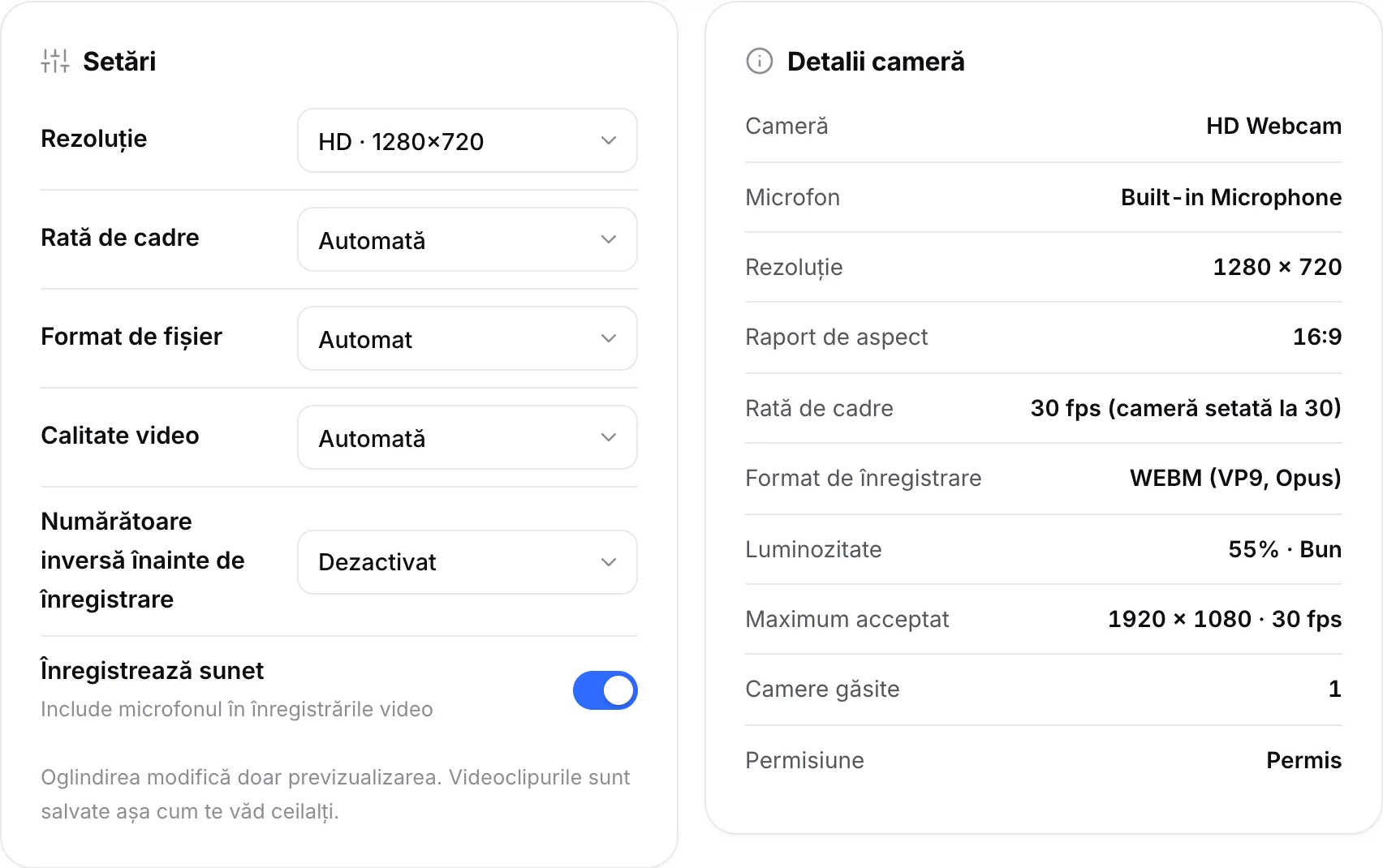 Setările de înregistrare lângă Detalii cameră, care arată 1280 × 720, 30 fps și formatul de înregistrare WEBM (VP9, Opus)