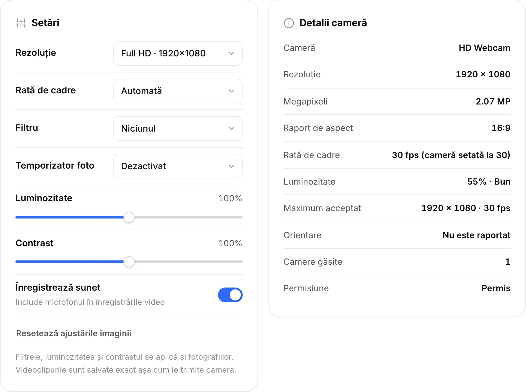 Setări cu rezoluția setată pe Full HD, lângă Detalii cameră care arată 1920 × 1080, 30 fps și luminozitate 55% · Bună