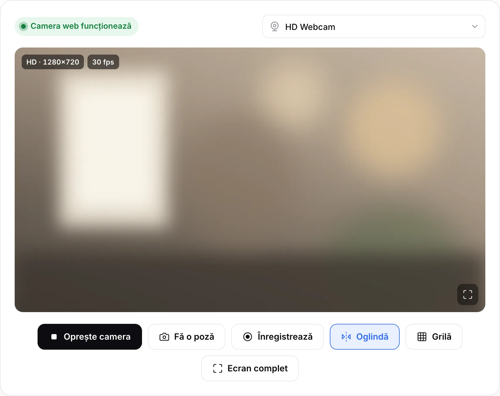 O cameră web funcțională: imagine live cu insignele HD · 1280×720 și 30 fps și starea verde „Camera web funcționează”