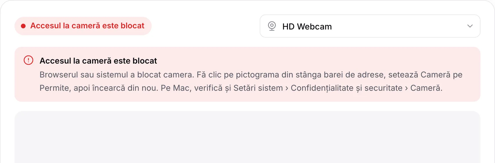 Vizualizarea camerei web afișând mesajul roșu „Accesul la cameră este blocat” cu instrucțiuni