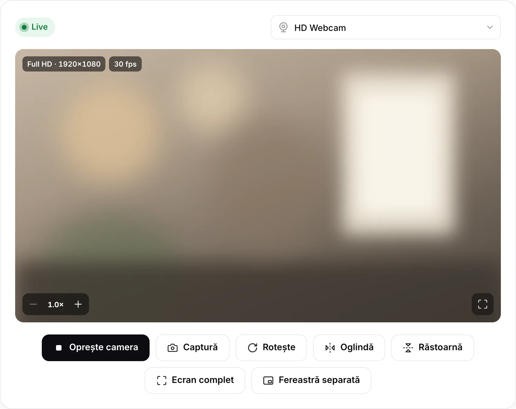 Vizualizarea camerei web afișând o imagine live Full HD 1920×1080 la 30 fps, cu butoanele Rotește, Oglindă, Răstoarnă și Fereastră separată