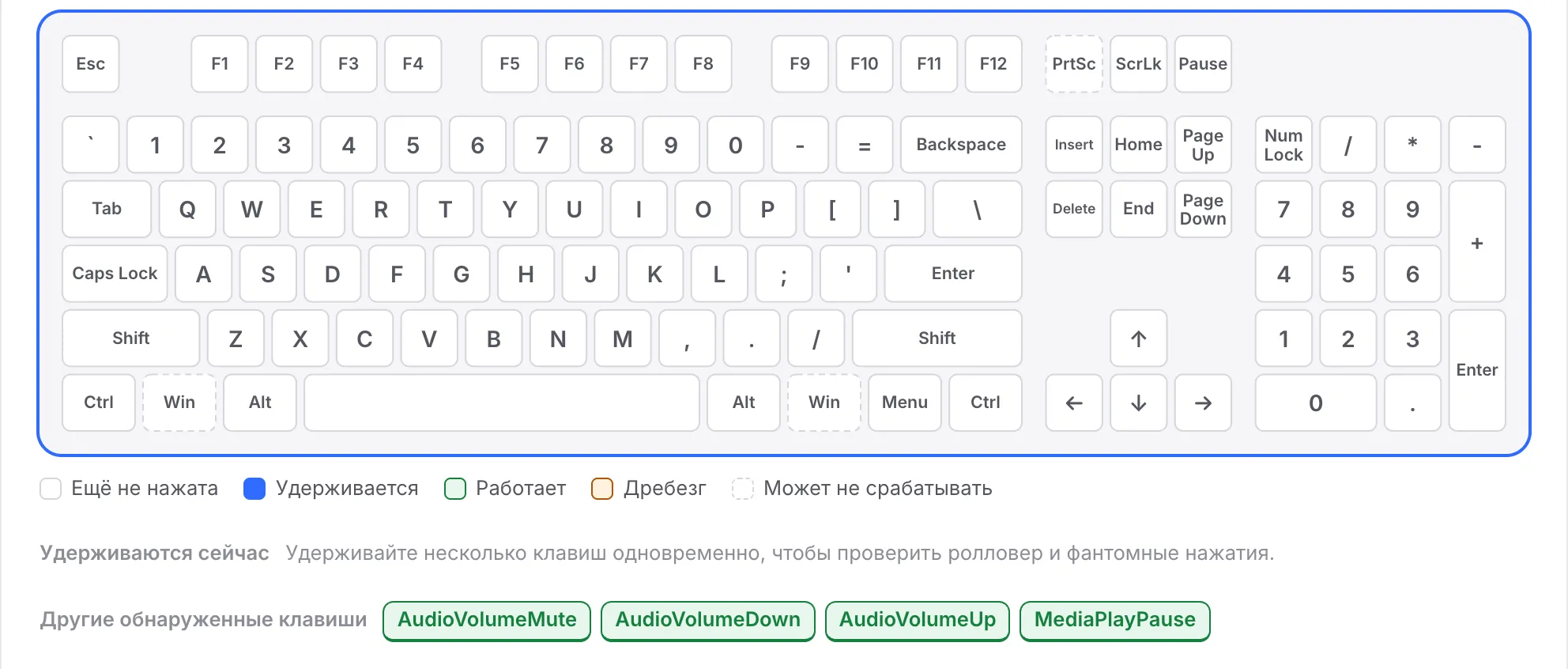Ряд F всё ещё белый, а AudioVolumeMute, AudioVolumeDown, AudioVolumeUp и MediaPlayPause перечислены в разделе «Другие обнаруженные клавиши»