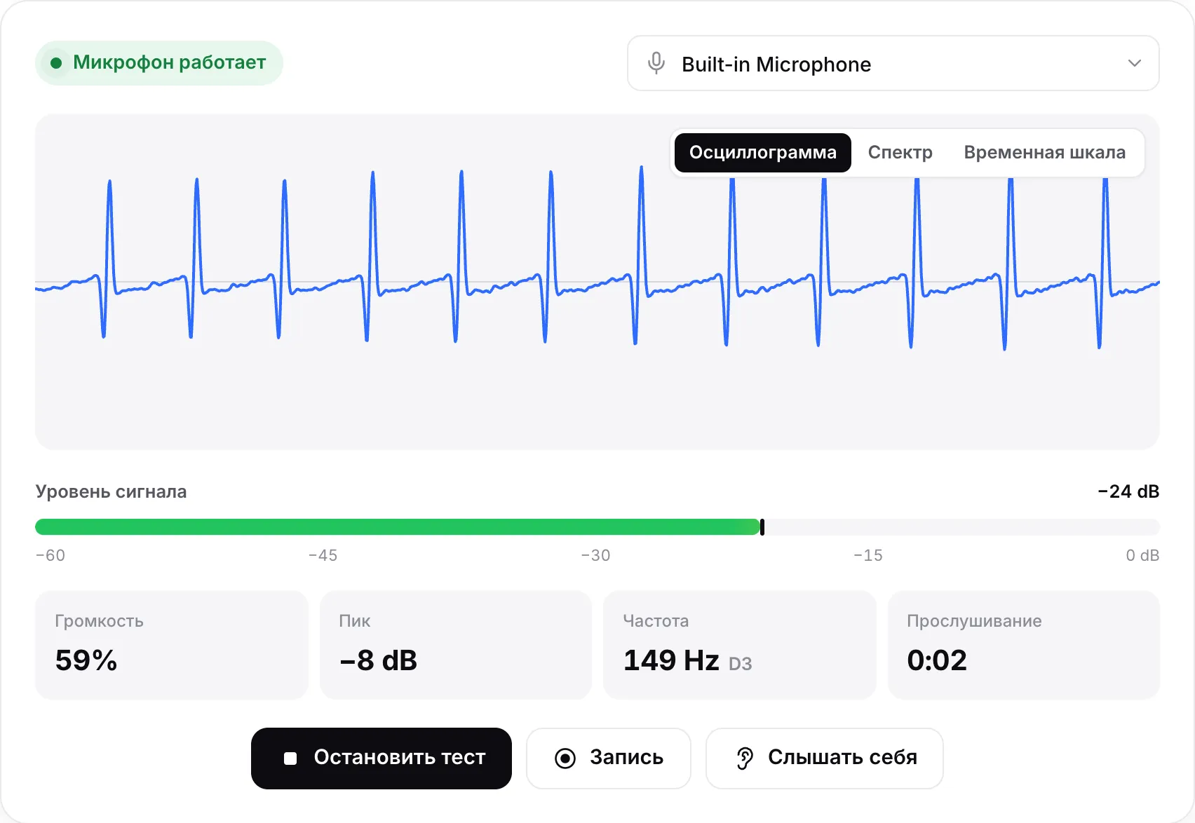 Работающий микрофон: движущаяся осциллограмма, уровень сигнала около −26 dB и зелёный статус «Микрофон работает»