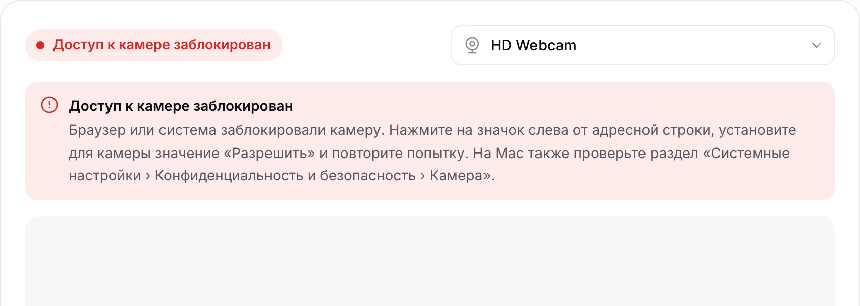 Просмотр веб-камеры с красным сообщением «Доступ к камере заблокирован» и инструкциями