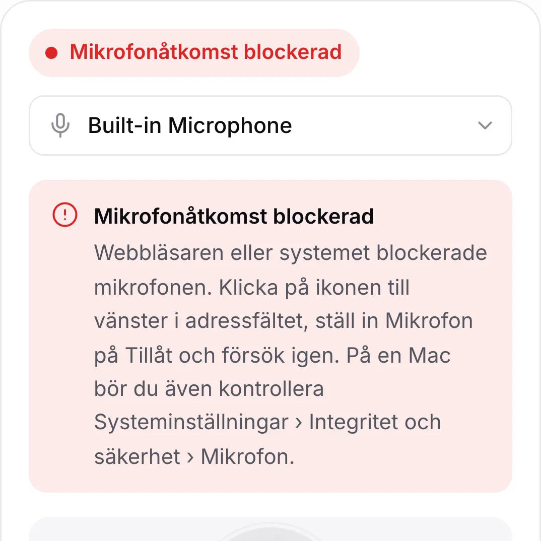 Mikrofontestet på en mobil som visar det röda meddelandet ”Mikrofonåtkomst blockerad”