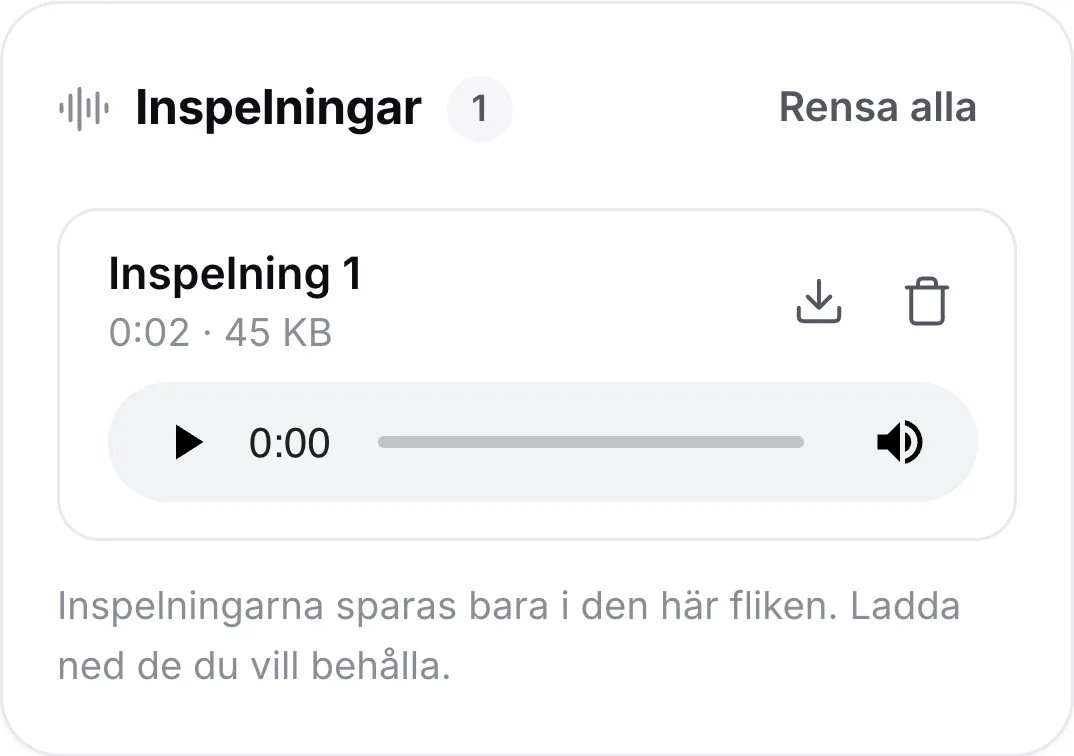 En inspelning på en mobil med längd, en spelare samt knappar för nedladdning och borttagning