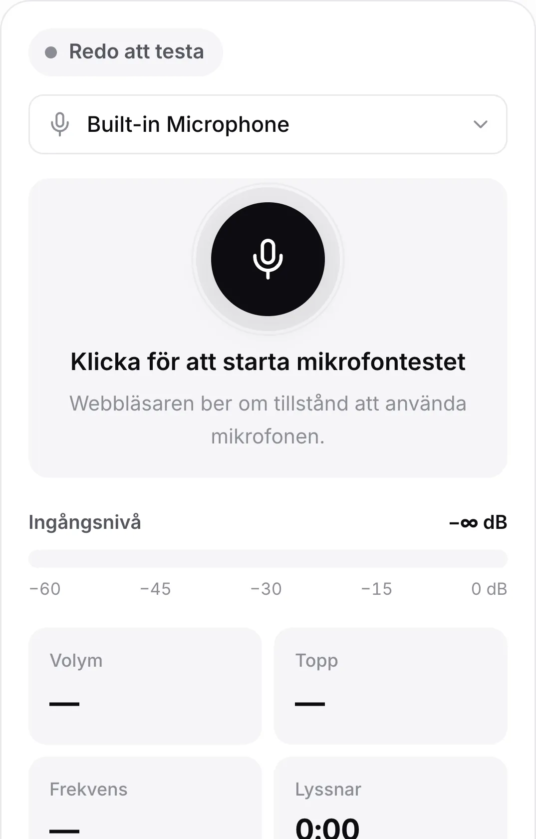 Mikrofontestet på en mobil innan det startar, med den stora mikrofonknappen