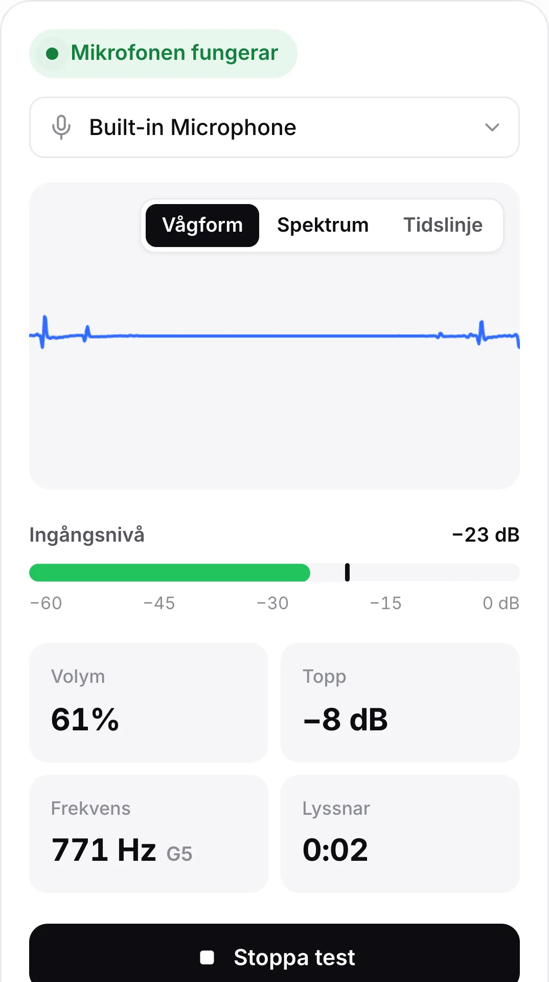 Mikrofontestet på en mobil med rörlig vågform, ingångsnivå på −25 dB och grön status ”Mikrofonen fungerar”