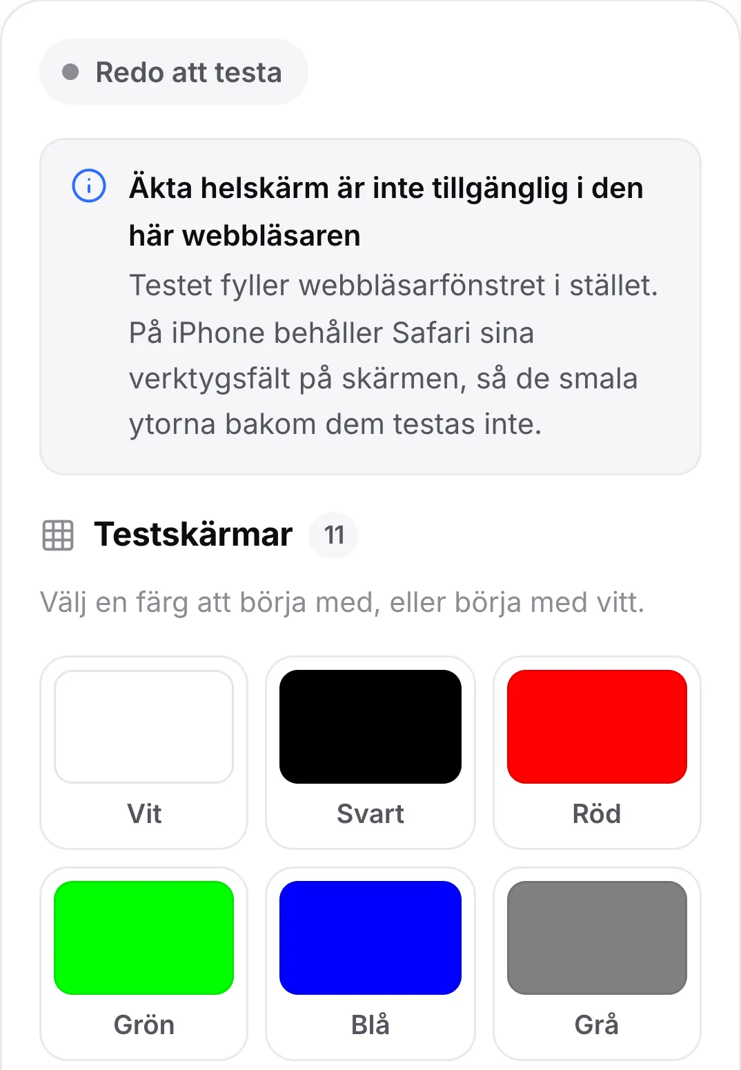 Testet för döda pixlar på en iPhone som visar meddelandet ”Äkta helskärm är inte tillgänglig i den här webbläsaren” ovanför färgrutorna