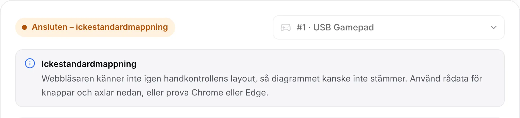 Testet som visar en USB-handkontroll med den orange statusen ”Ansluten – ickestandardmappning” och ett meddelande om att använda rådata
