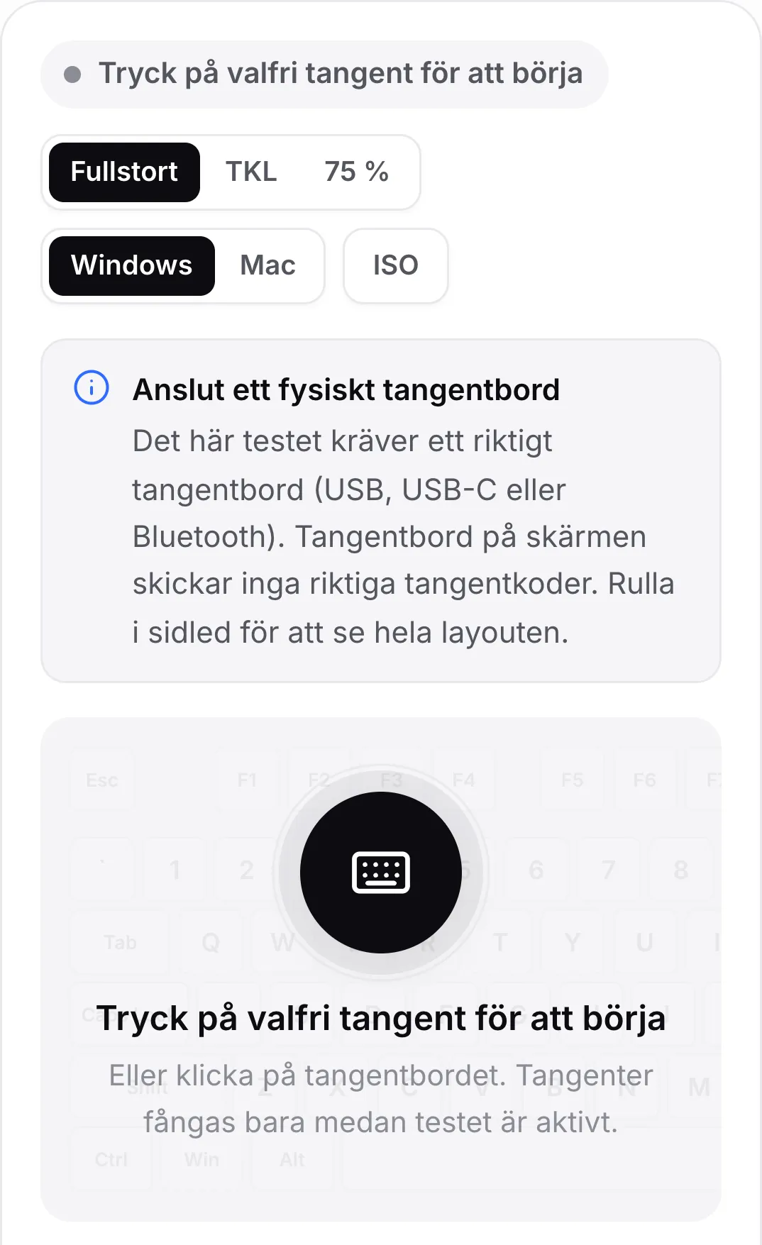 Tangentbordstestet på en mobil med meddelandet ”Anslut ett fysiskt tangentbord”