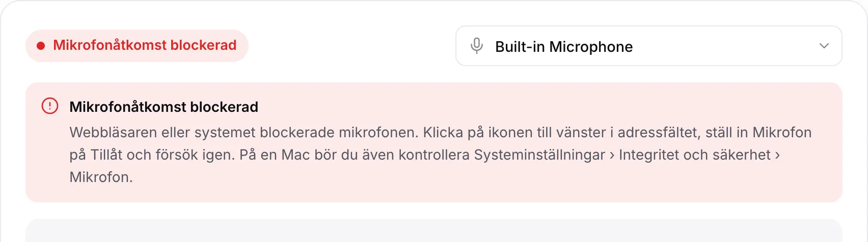 Mikrofontestet som visar det röda meddelandet ”Mikrofonåtkomst blockerad” med instruktioner