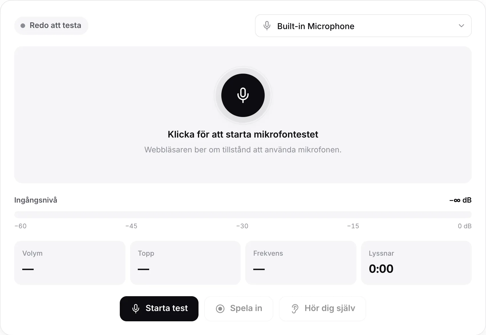 Mikrofontestet innan det startar, med knappen Starta test och mikrofonmenyn
