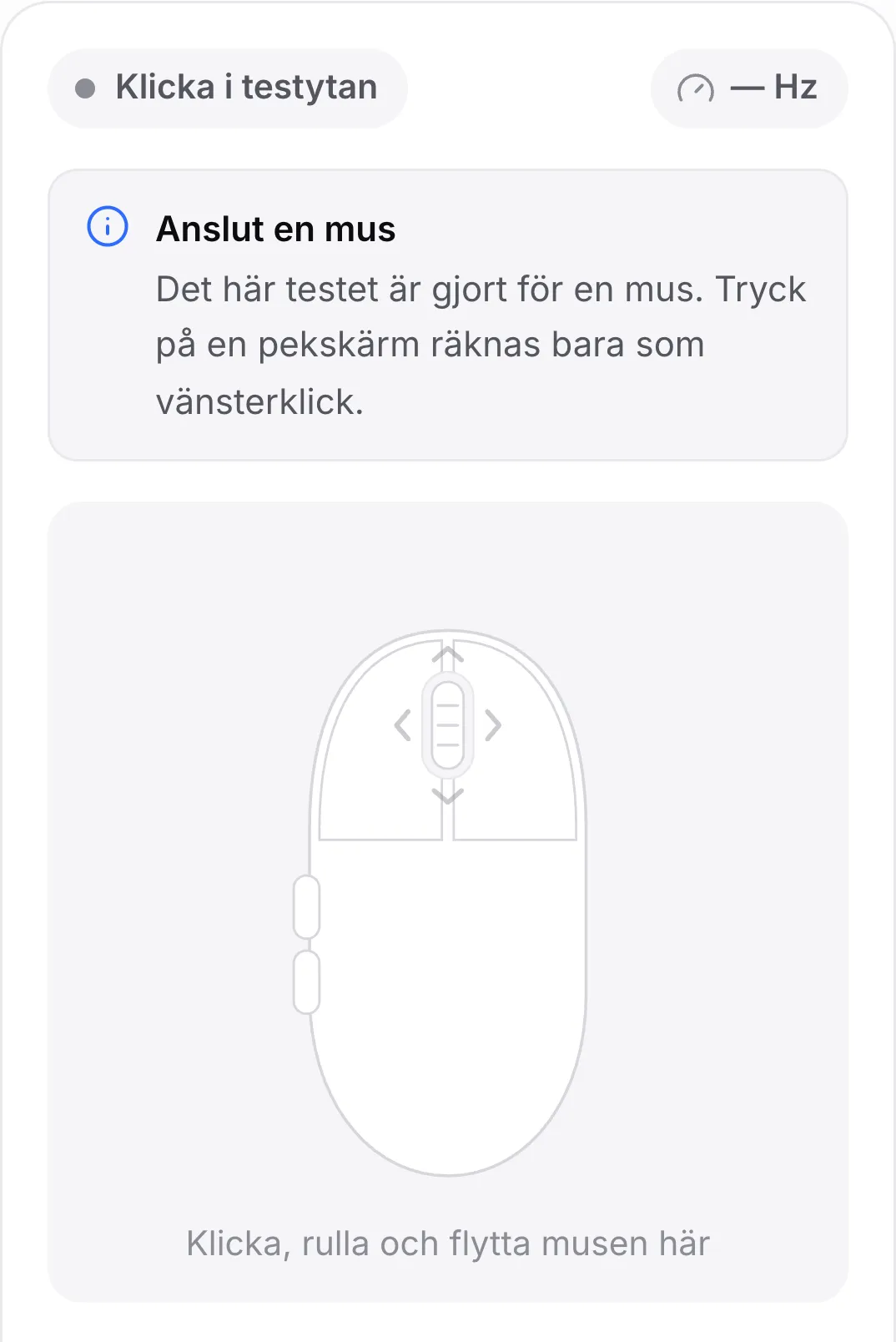 Mustestet på en mobil med meddelandet ”Anslut en mus”