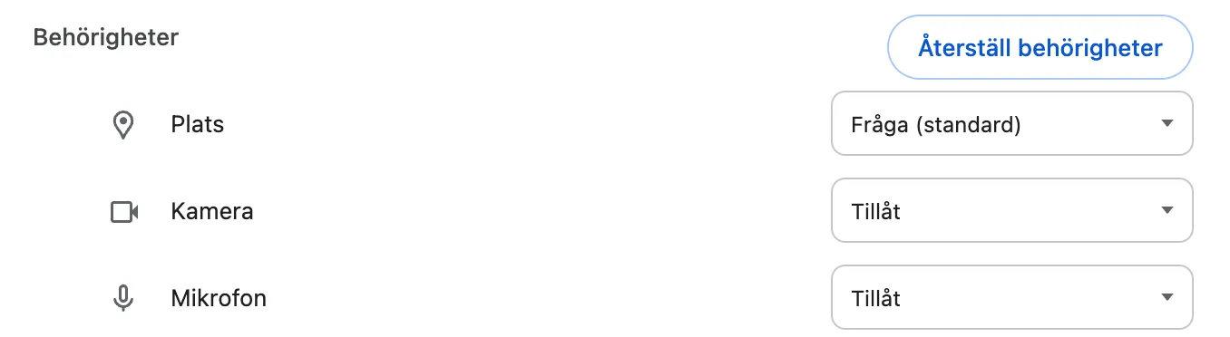 Webbplatsinställningar i Chrome med Kamera och Mikrofon inställda på Tillåt