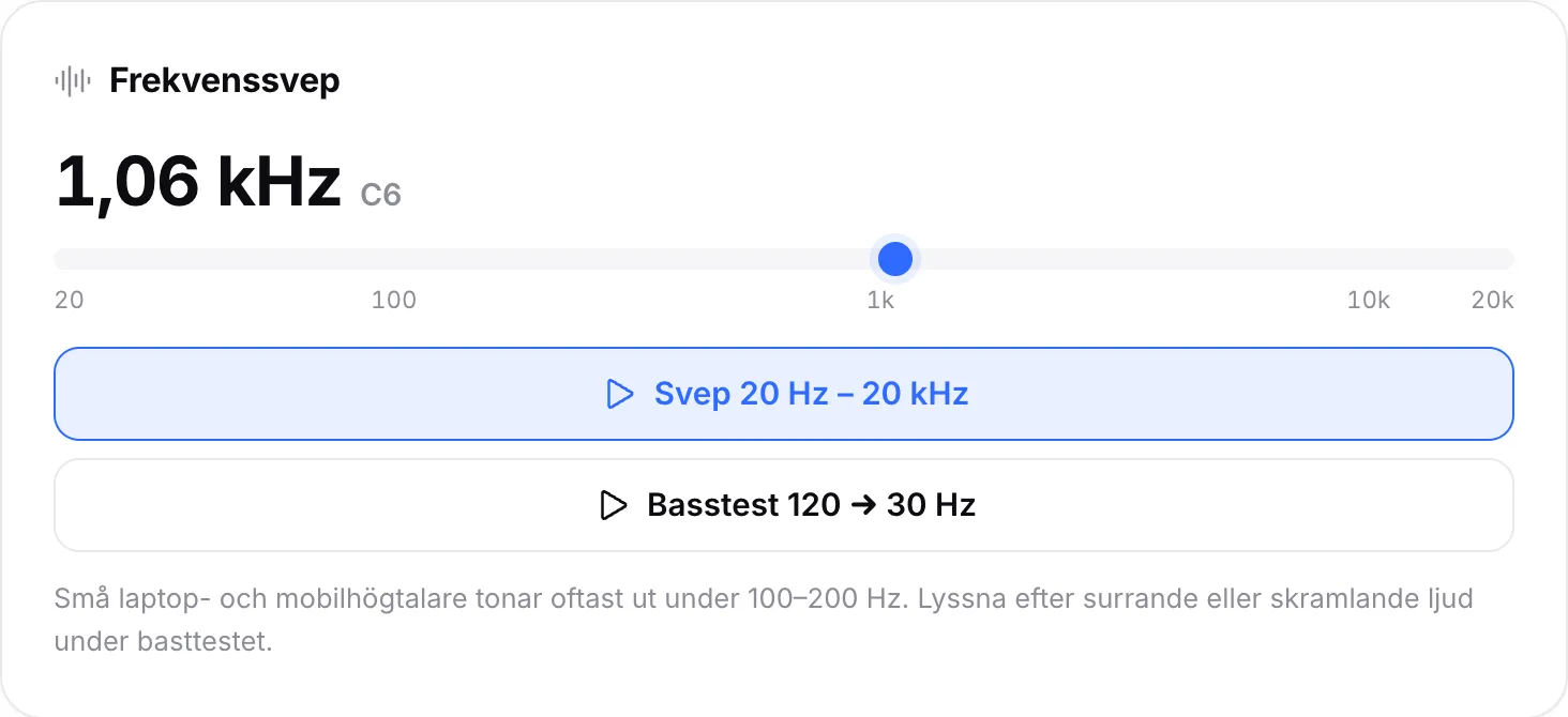 Frekvenssvepet spelar vid 1,06 kHz (tonen C6), med markören precis förbi 1k på skalan