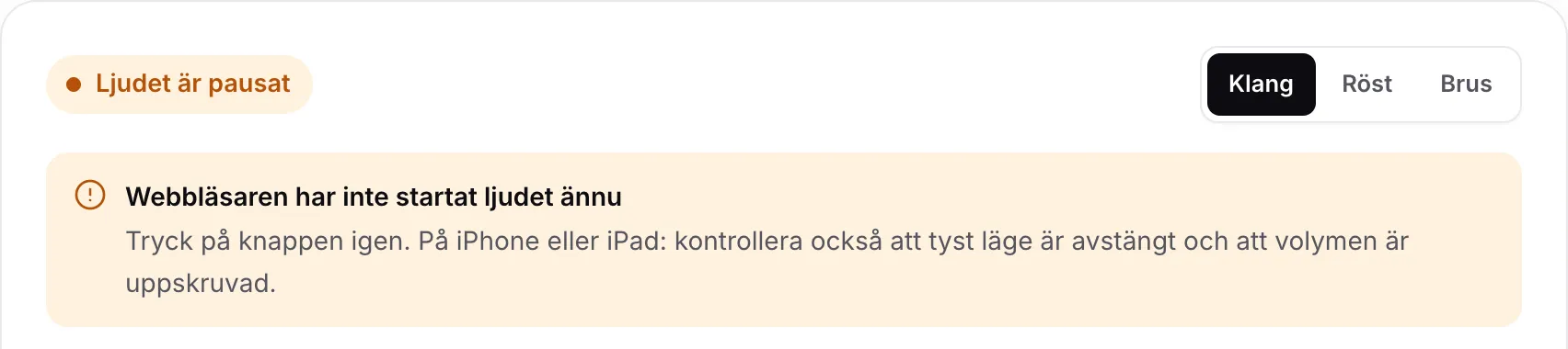 Ljudtestet som visar den orange statusen ”Ljudet är pausat” och meddelandet ”Webbläsaren har inte startat ljudet ännu”