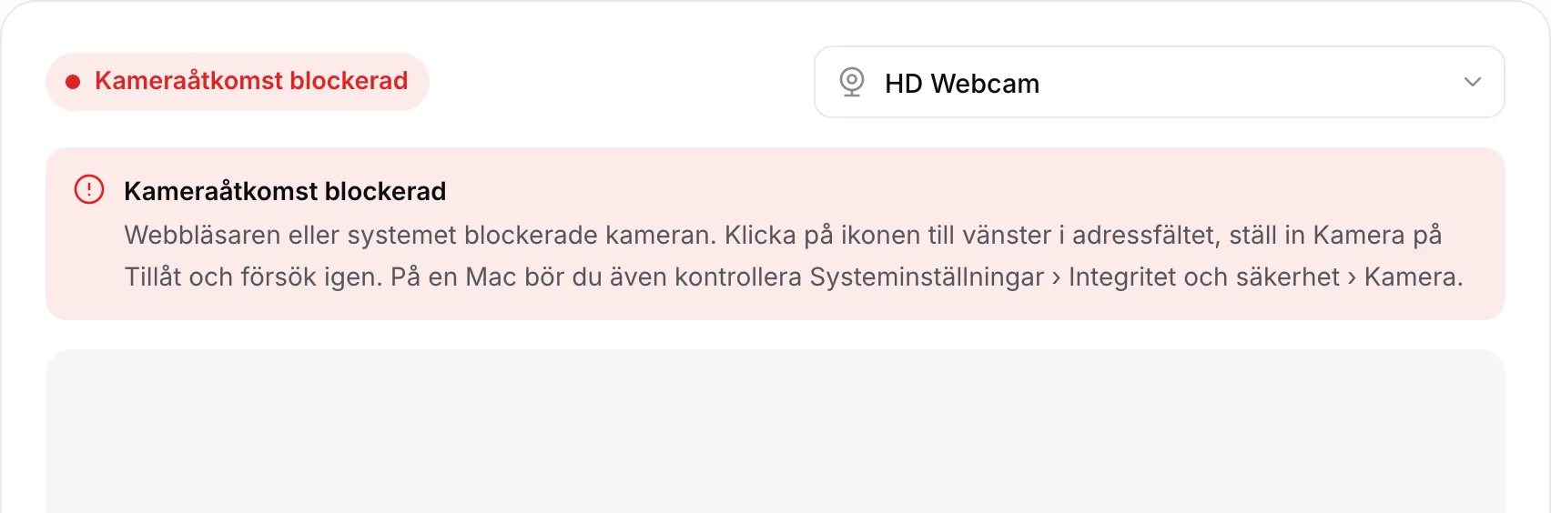 Onlinekameran som visar det röda meddelandet ”Kameraåtkomst blockerad” med instruktioner