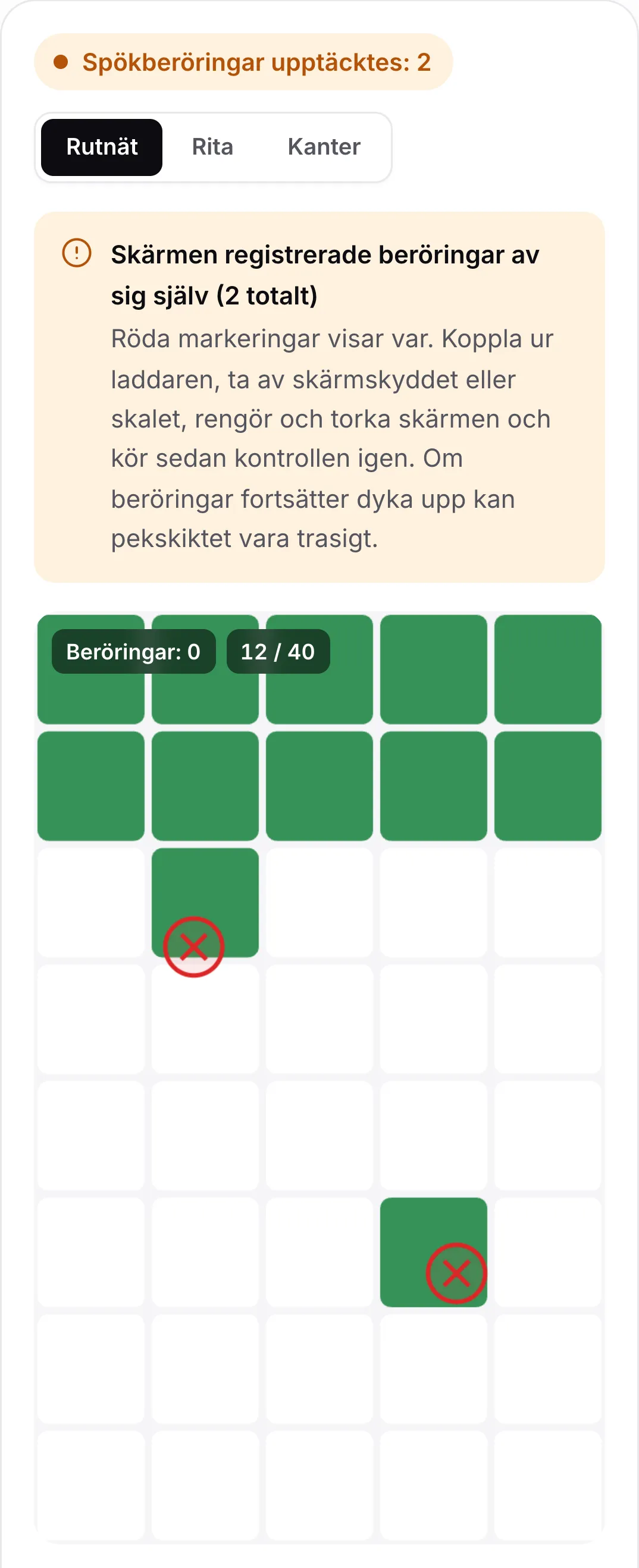 Resultatet av kontrollen av spökberöringar: den orange statusen ”Spökberöringar upptäcktes: 2”, rådet att koppla ur laddaren och rengöra skärmen och två röda markeringar i rutnätet