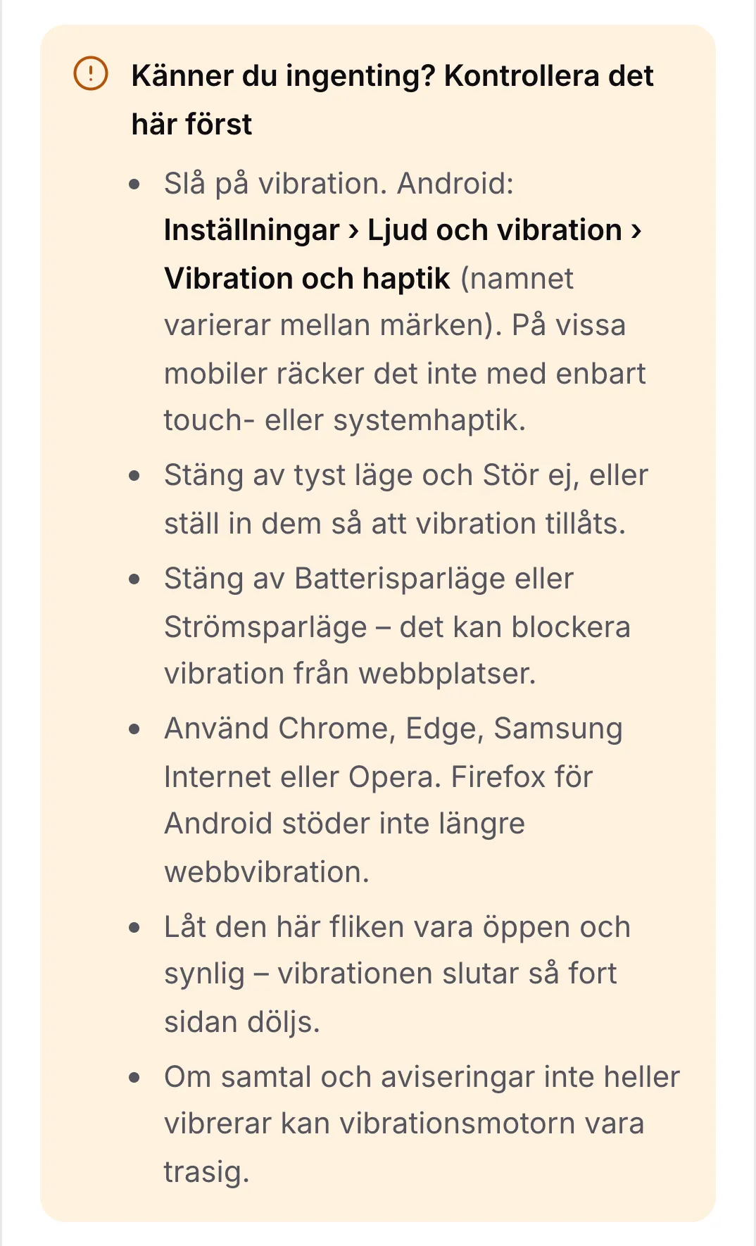 Checklistan ”Känner du ingenting? Kontrollera det här först” med sex tips, med början i att slå på vibration i Android-inställningarna