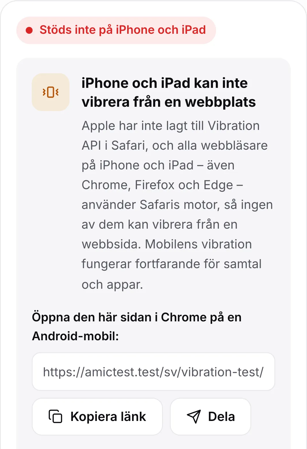Vibrationstestet på en iPhone: den röda statusen ”Stöds inte på iPhone och iPad”, en förklaring och en länk för att öppna sidan på en Android-mobil