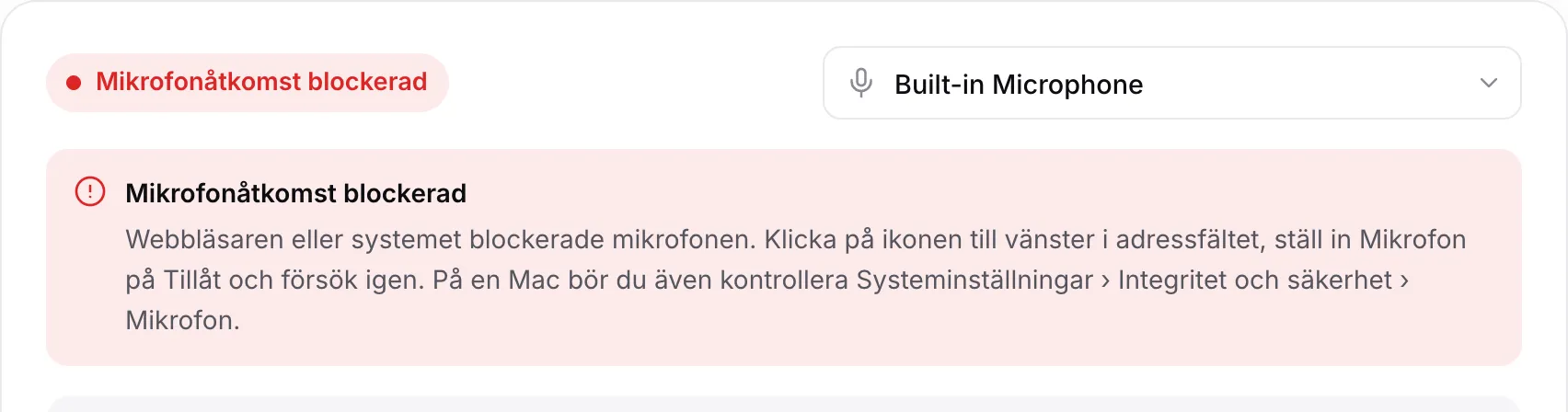 Stämapparaten som visar det röda meddelandet ”Mikrofonåtkomst blockerad” med instruktioner