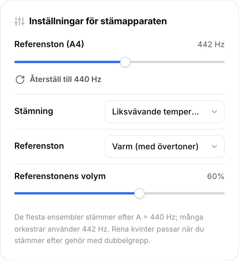 Stämapparatens inställningar med reglaget för referenston (A4) inställt på 442 Hz, stämningsmenyn och alternativen för referenston
