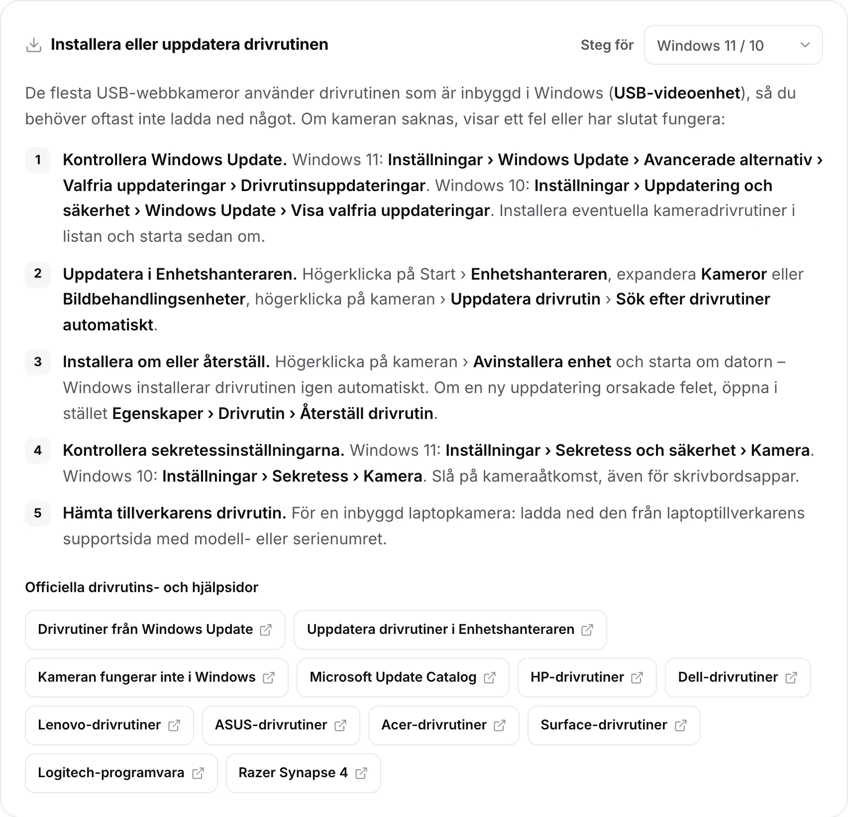 Kortet Installera eller uppdatera drivrutinen med stegen för Windows 11 / 10 och länkar till officiella drivrutins- och hjälpsidor