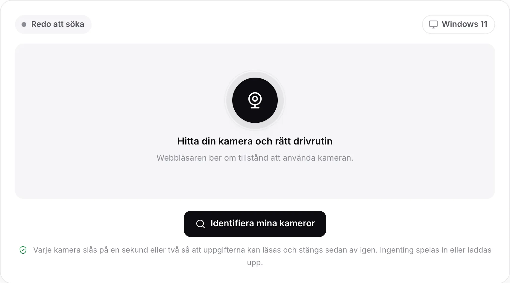 Drivrutinssökaren före en sökning, med knappen Identifiera mina kameror och det upptäckta systemet, Windows 11