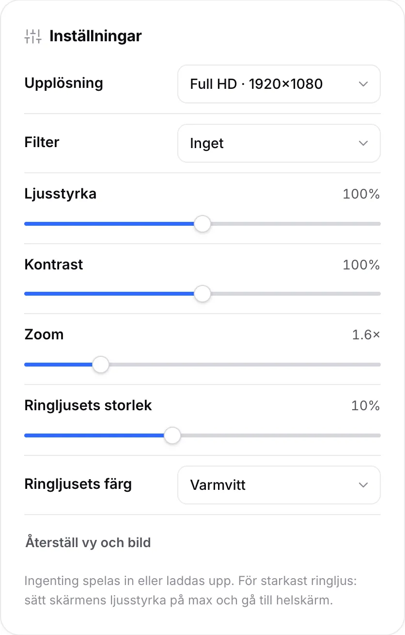 Spegelinställningar med ljusstyrka, kontrast, zoom på 1,6×, ringljusstorlek 10 % och ringljusfärg Varmvitt