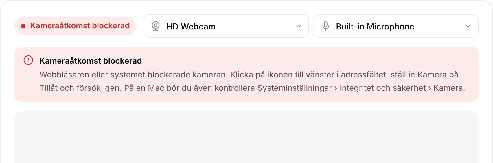 Webbkamerainspelaren som visar det röda meddelandet ”Kameraåtkomst blockerad” med instruktioner