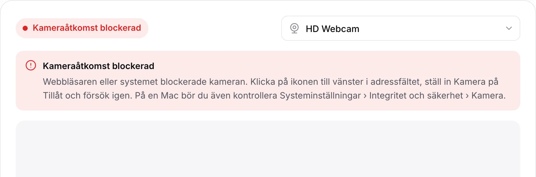 Webbkameratestet som visar det röda meddelandet ”Kameraåtkomst blockerad” med instruktioner