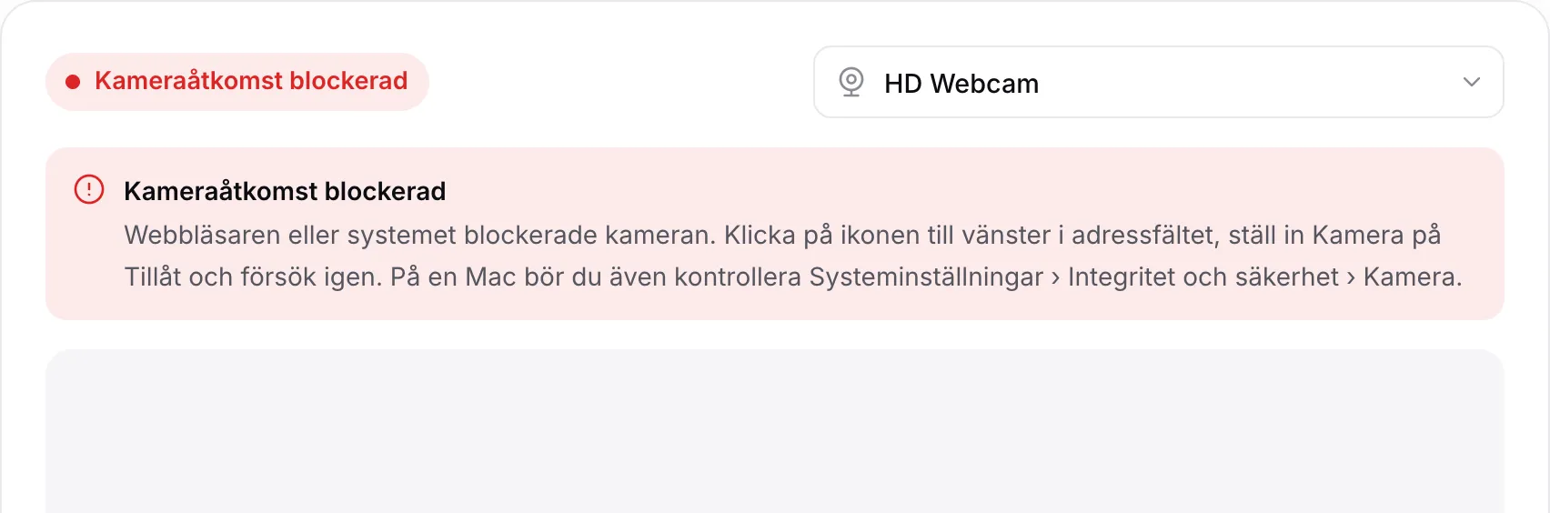 Webbkameravisaren som visar det röda meddelandet ”Kameraåtkomst blockerad” med instruktioner