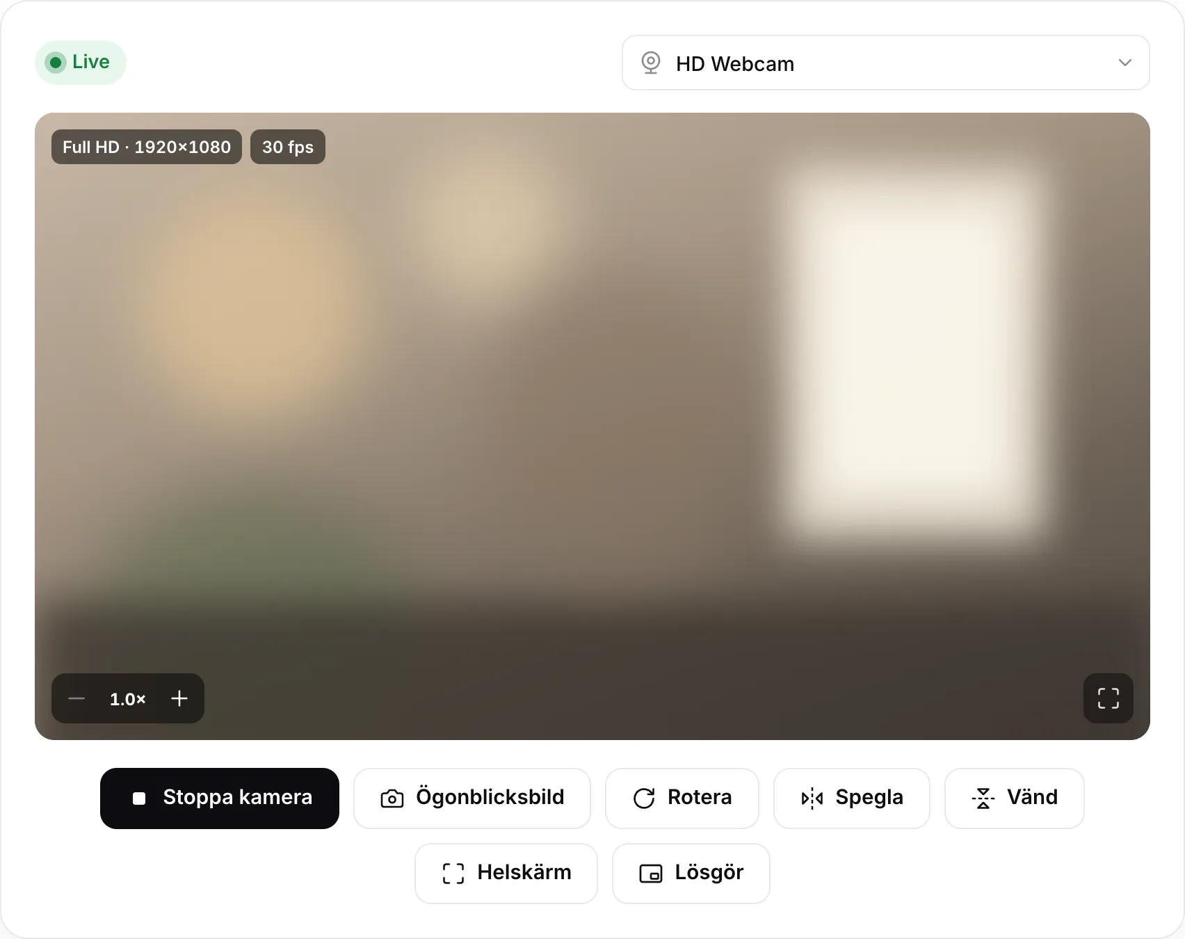 Webbkameravisaren visar en live Full HD-bild på 1920×1080 med 30 fps, med knapparna Rotera, Spegla, Vänd och Lösgör