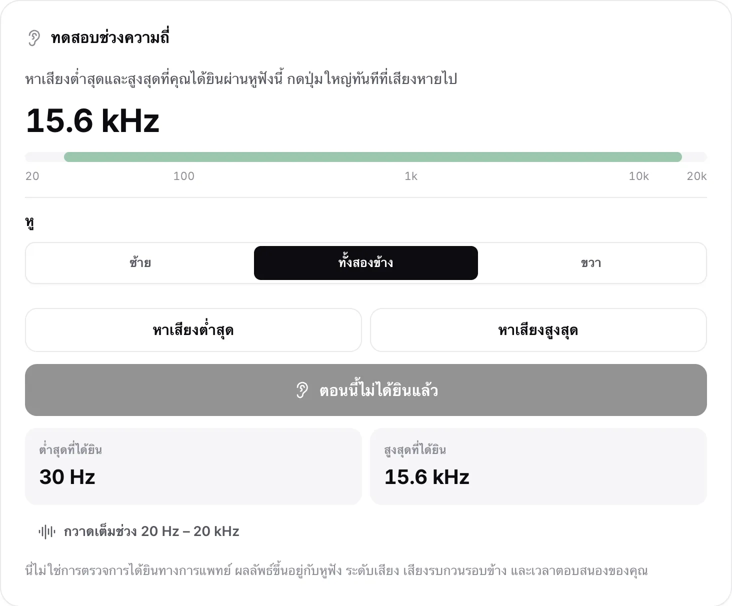 การทดสอบช่วงความถี่พร้อมผลลัพธ์: เสียงต่ำสุดที่ได้ยิน 30 Hz สูงสุด 15.6 kHz แสดงเป็นแถบสีเขียวบนสเกล