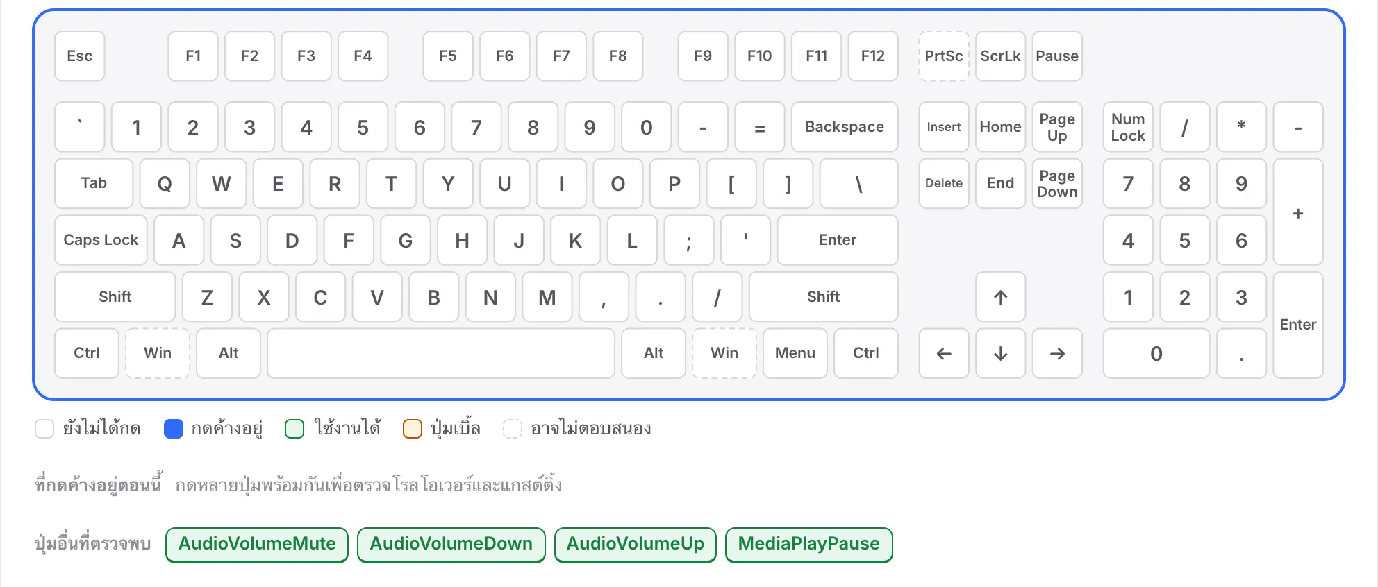 แถว F ที่ยังเป็นสีขาวขณะที่ AudioVolumeMute, AudioVolumeDown, AudioVolumeUp และ MediaPlayPause อยู่ในรายการใต้ปุ่มอื่นที่ตรวจพบ