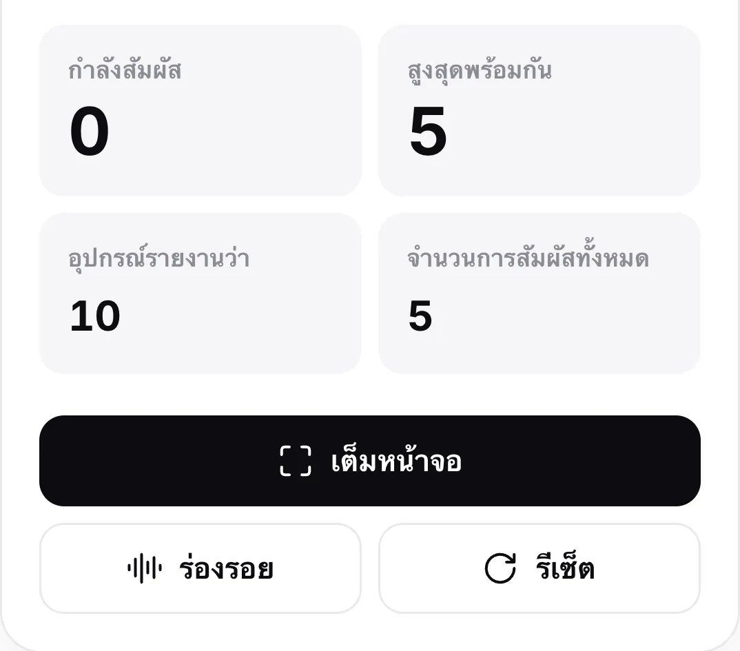 ตัวนับหลังยกนิ้วทั้งหมด: กำลังสัมผัส 0, สูงสุดพร้อมกัน 5, อุปกรณ์รายงานว่า 10 และจำนวนการสัมผัสทั้งหมด 5 เหนือปุ่มเต็มหน้าจอ ร่องรอย และรีเซ็ต