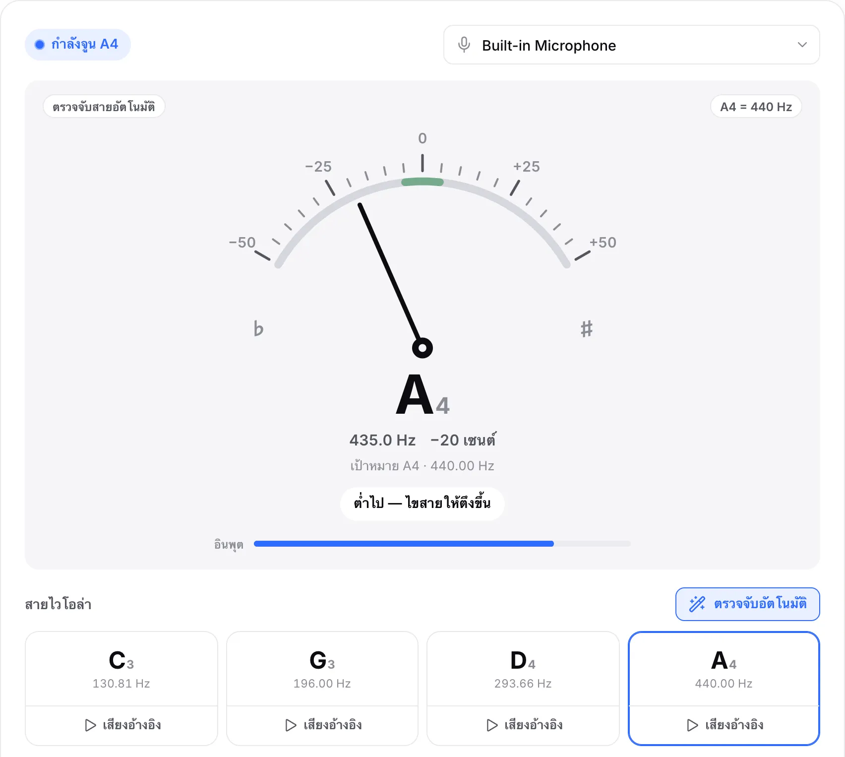 สาย A ต่ำไป 20 เซนต์: เข็มเอียงไปทางซ้าย ค่าที่อ่านได้แสดง A4 ที่ประมาณ 435 Hz และคำแนะนำบอกว่า “ต่ำไป — ไขสายให้ตึงขึ้น”