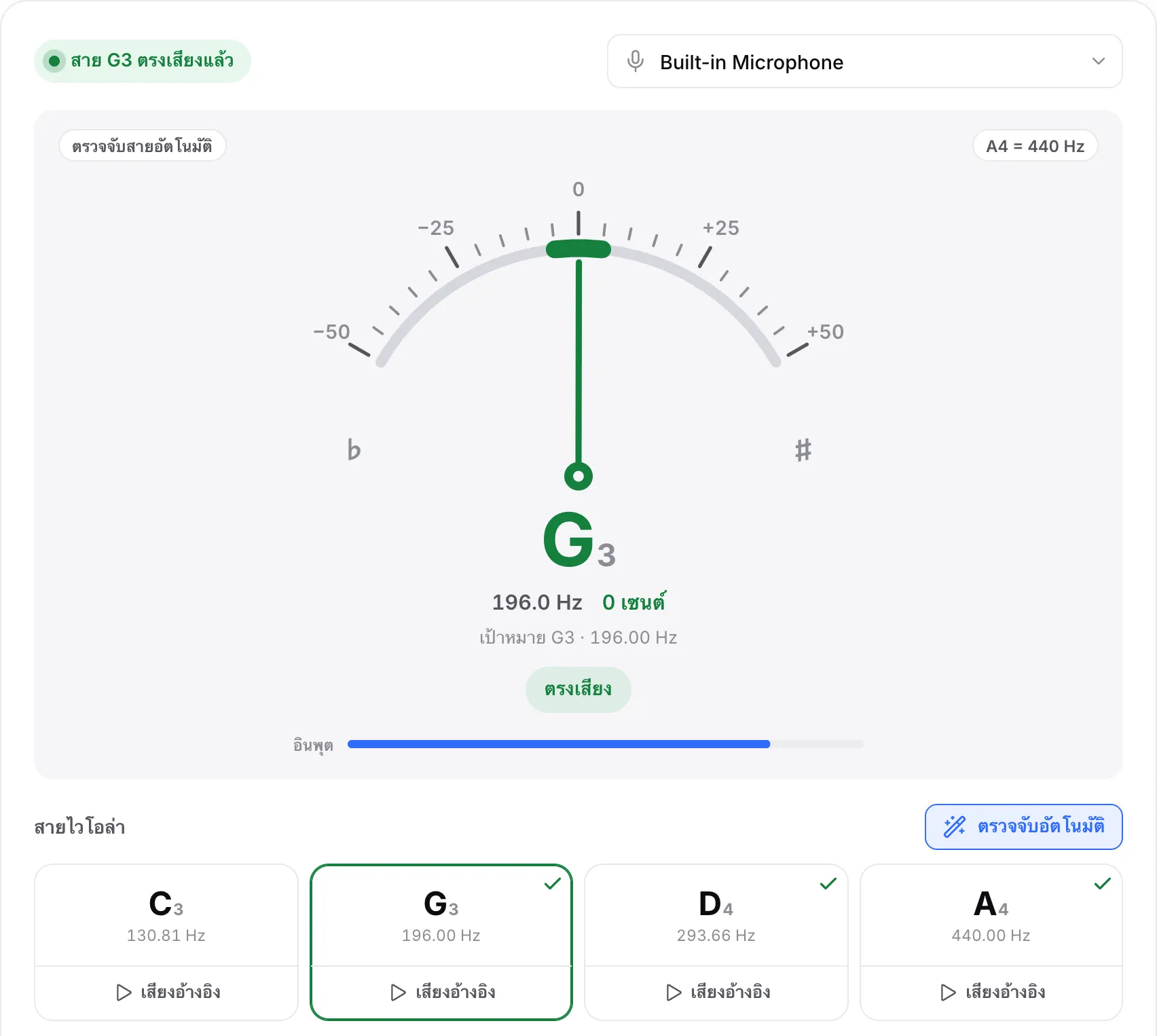 สาย G ตรงเสียง: เข็มสีเขียวที่ 0 เซนต์ สถานะ “สาย G3 ตรงเสียงแล้ว” และเครื่องหมายถูกที่สาย G, D และ A