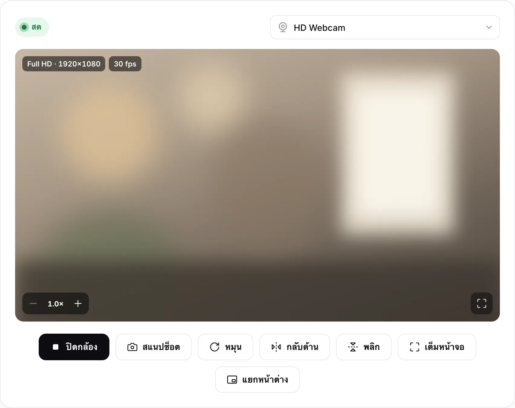 โปรแกรมดูภาพเว็บแคมที่แสดงภาพสด Full HD 1920×1080 ที่ 30 fps พร้อมปุ่มหมุน กลับด้าน พลิก และแยกหน้าต่าง
